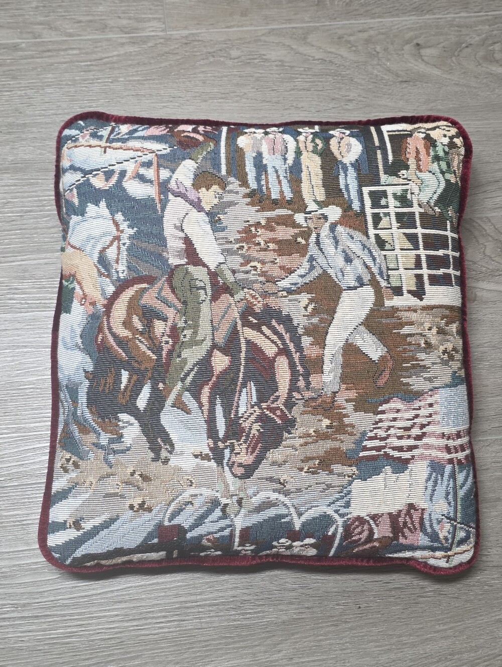 Vintage Tapastry Toss Cushion-Pillow Cover Rodeo Western Cowboy Bronco 13 X 13